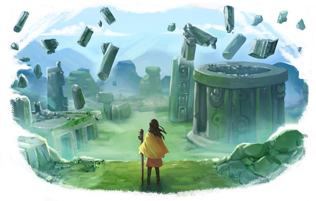 Kid in front ruins of fantasy world