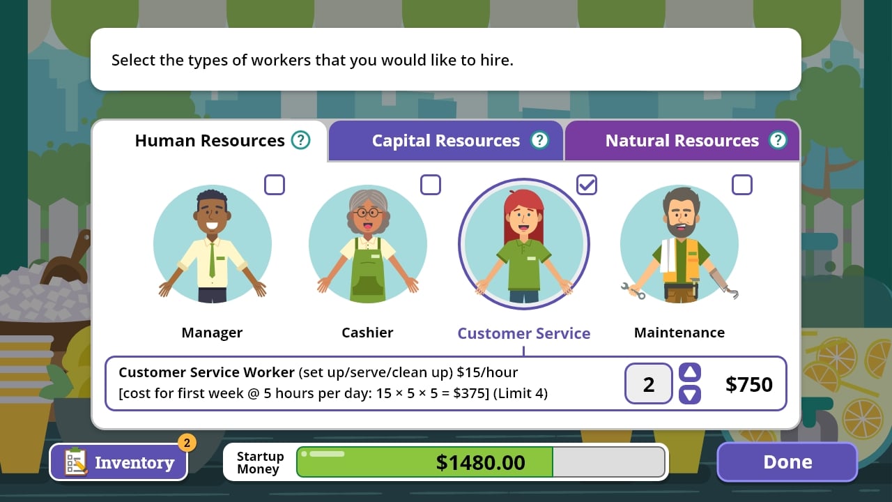 JA Lemonade Stand Game - Select types of workers