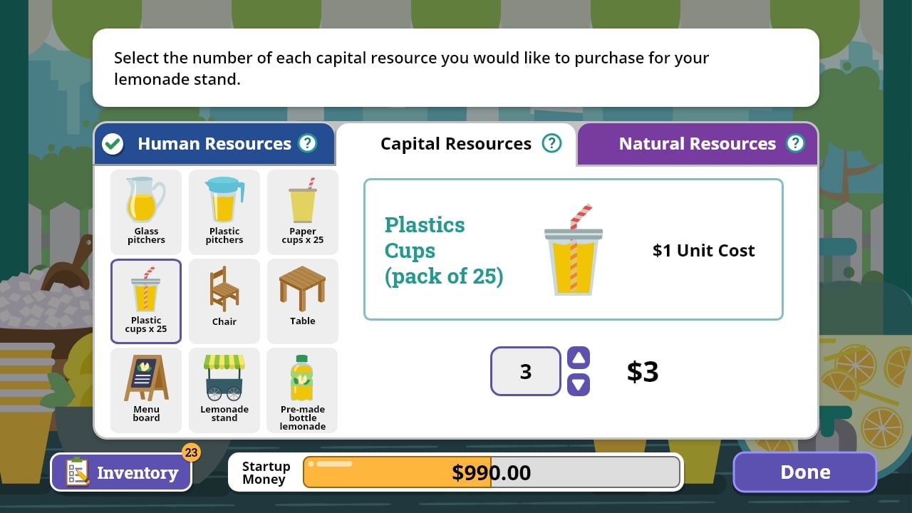 JA Lemonade Stand Game - Select capital resources