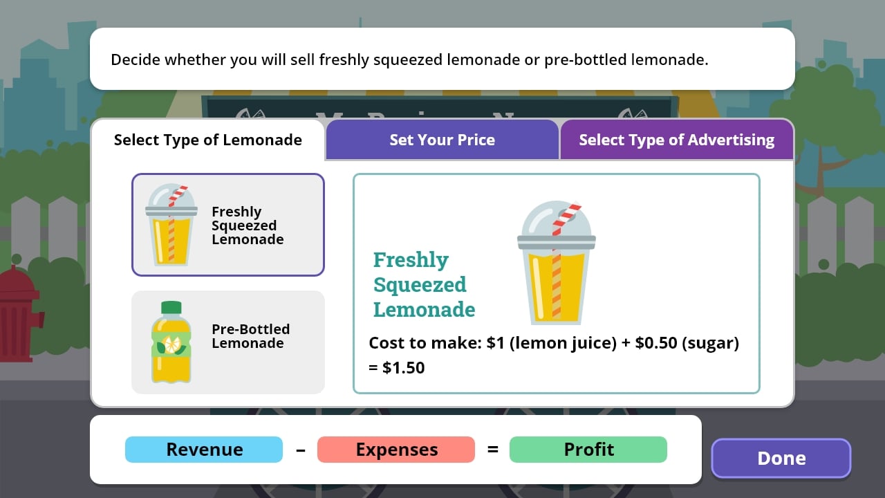 JA Lemonade Stand Game - Select type of Lemonade