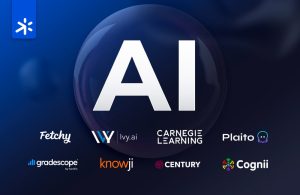 A picture with the AI title in the middle and below the names of the following enterprises Fetchy, Ivy.ai, Carnegie Learning, Plaito, Gradscope, Knowji, CenturyTech, Cognii.