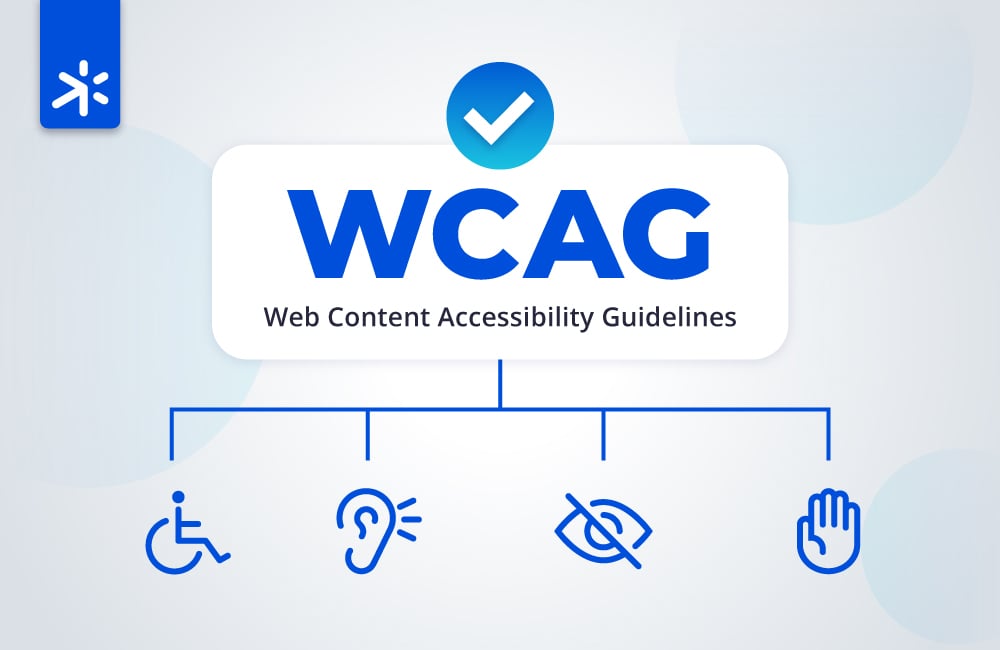 The image has an organigram in the middle. On the first level of the organigram, you will see WACG, Web Content Accessibility Guideline, on the second level, from left to right you will see four icons: a person in a wheelchair a listening ear an eye one hand straight in front