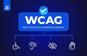 The image has an organigram in the middle. On the first level of the organigram, you will see WACG, Web Content Accessibility Guideline, on the second level, from left to right you will see four icons: a person in a wheelchair a listening ear an eye one hand straight in front