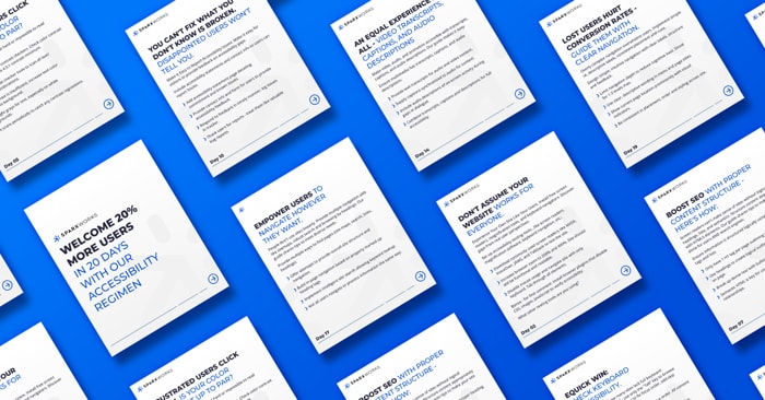 In this image, a blue background features a diagonal arrangement of white pages. On these white pages, there is text in blue and black explaining daily accessibility tips that individuals can follow.