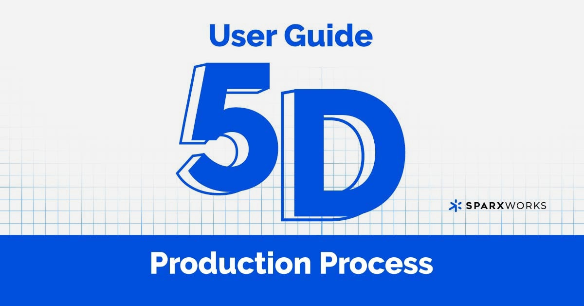 Blue text highlighting the "5D Production Process" user guide by SparxWorks on grid background.