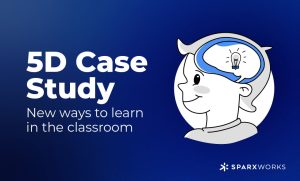 A gradient blue background image with a light to dark transition. On the left side of the image, the text "5D Case Study" is written in large, bold white font. Below this, in a smaller white font, is the text "New ways to learn in the classroom."